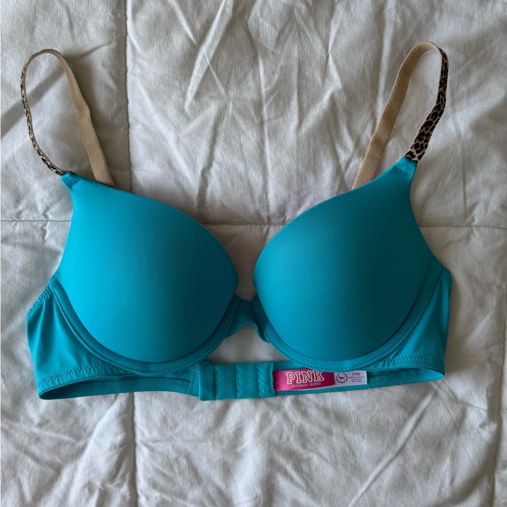 Victoria’s Secret 34B Wear Everywhere Push-Up Bra | Blue Teal, Leopard Straps